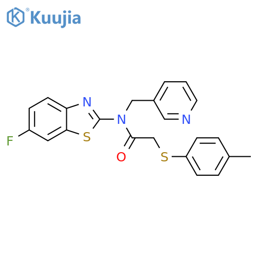 N-(6-fluoro-1,3-benzothiazol-2-yl)-2-(4-methylphenyl)sulfanyl-N-(pyridin-3-yl)methylacetamide structure