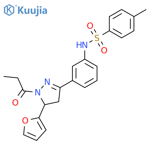 N-{3-5-(furan-2-yl)-1-propanoyl-4,5-dihydro-1H-pyrazol-3-ylphenyl}-4-methylbenzene-1-sulfonamide structure