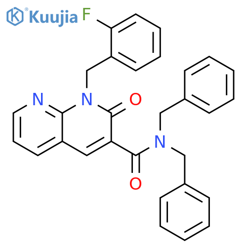 N,N-dibenzyl-1-(2-fluorophenyl)methyl-2-oxo-1,2-dihydro-1,8-naphthyridine-3-carboxamide structure