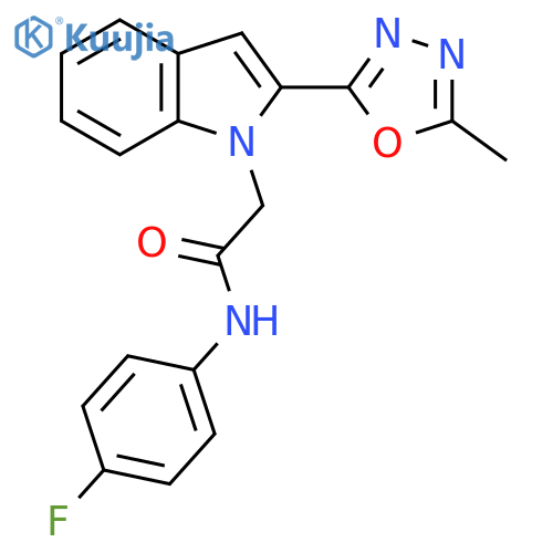 N-(4-fluorophenyl)-2-2-(5-methyl-1,3,4-oxadiazol-2-yl)-1H-indol-1-ylacetamide structure