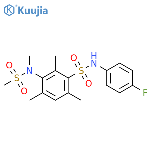 N-(4-fluorophenyl)-2,4,6-trimethyl-3-(N-methylmethanesulfonamido)benzene-1-sulfonamide structure