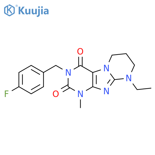 9-ethyl-3-(4-fluorophenyl)methyl-1-methyl-1H,2H,3H,4H,6H,7H,8H,9H-pyrimido1,2-gpurine-2,4-dione structure