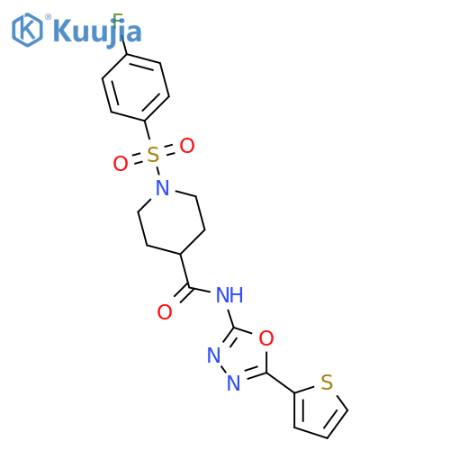 1-(4-fluorobenzenesulfonyl)-N-5-(thiophen-2-yl)-1,3,4-oxadiazol-2-ylpiperidine-4-carboxamide structure