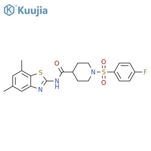 N-(5,7-dimethyl-1,3-benzothiazol-2-yl)-1-(4-fluorobenzenesulfonyl)piperidine-4-carboxamide structure