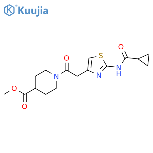 methyl 1-2-(2-cyclopropaneamido-1,3-thiazol-4-yl)acetylpiperidine-4-carboxylate structure