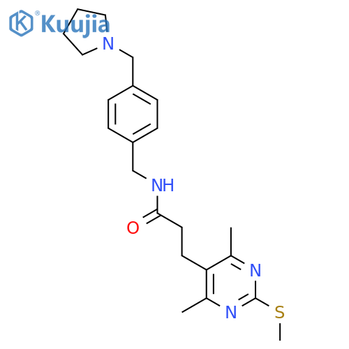 3-(4,6-dimethyl-2-methylsulfanylpyrimidin-5-yl)-N-[[4-(pyrrolidin-1-ylmethyl)phenyl]methyl]propanamide structure