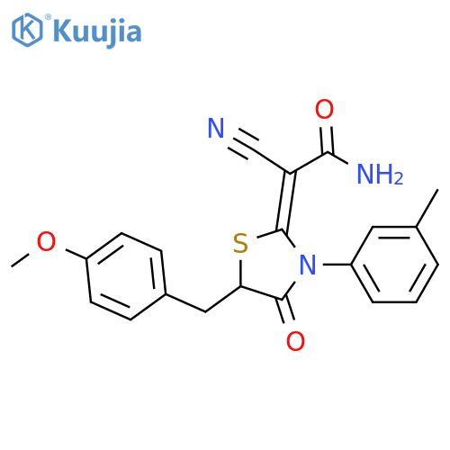 2-cyano-2-(2E)-5-(4-methoxyphenyl)methyl-3-(3-methylphenyl)-4-oxo-1,3-thiazolidin-2-ylideneacetamide structure
