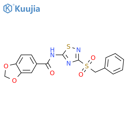 N-(3-phenylmethanesulfonyl-1,2,4-thiadiazol-5-yl)-2H-1,3-benzodioxole-5-carboxamide structure