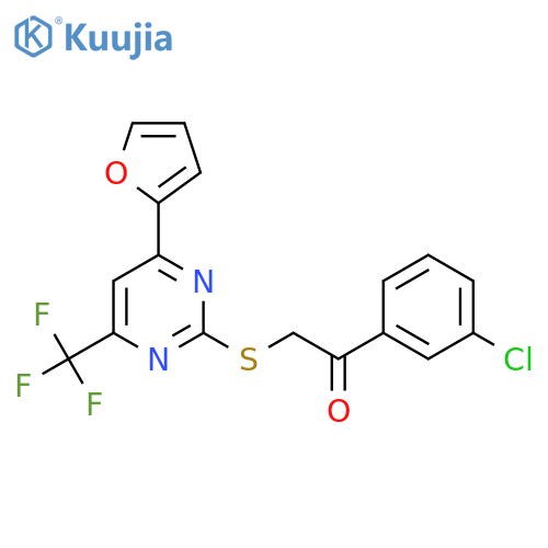 1-(3-chlorophenyl)-2-{4-(furan-2-yl)-6-(trifluoromethyl)pyrimidin-2-ylsulfanyl}ethan-1-one structure
