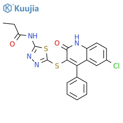 <br>N-{5-[(6-chloro-2-oxo-4-phenyl-1,2-dihydroquinolin-3-yl)sulfanyl]-1,3,4-thi adiazol-2-yl}propanamide structure