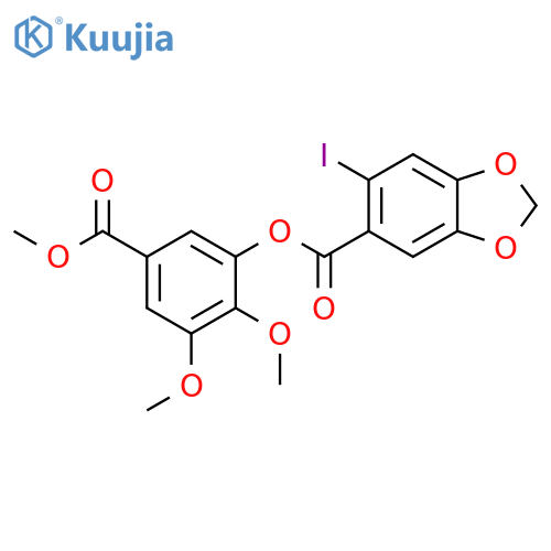 1,3-Benzodioxole-5-carboxylic acid, 6-iodo-, 2,3-dimethoxy-5-(methoxycarbonyl)phenyl ester structure