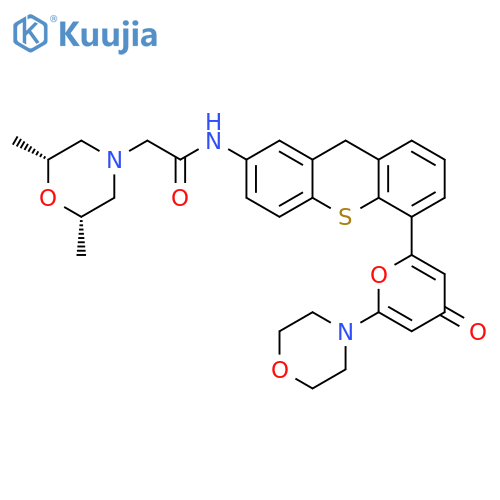 KU-60019;(2R,6S)-2,6-Dimethyl-N-[5-[6-(4-morpholinyl)-4-oxo-4H-pyran-2-yl]-9H-thioxanthen-2-yl]-4-morpholineacetamide structure