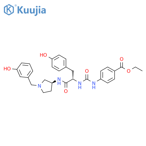 Benzoic acid,4-[[[[(1S)-1-[(4-hydroxyphenyl)methyl]-2-[[(3S)-1-[(3-hydroxyphenyl)methyl]-3-pyrrolidinyl]amino]-2-oxoethyl]amino]carbonyl]amino]-, ethyl ester structure