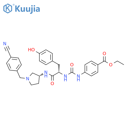 Benzoic acid,4-[[[[(1S)-2-[[(3R)-1-[(4-cyanophenyl)methyl]-3-pyrrolidinyl]amino]-1-[(4-hydroxyphenyl)methyl]-2-oxoethyl]amino]carbonyl]amino]-, ethyl ester structure