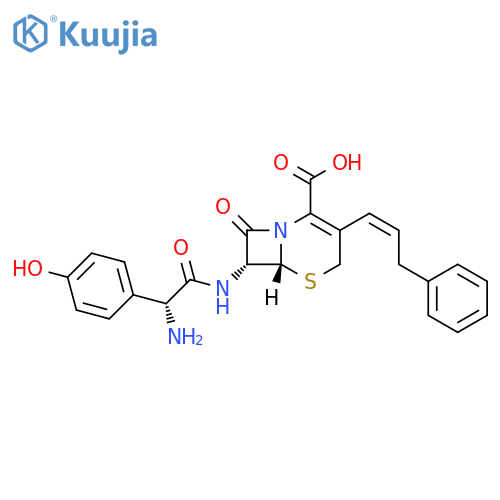 5-Thia-1-azabicyclo[4.2.0]oct-2-ene-2-carboxylicacid,7-[[(2R)-amino(4-hydroxyphenyl)acetyl]amino]-8-oxo-3-[(1Z)-3-phenyl-1-propenyl]-,(6R,7R)- (9CI) structure