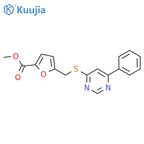 methyl 5-{(6-phenylpyrimidin-4-yl)sulfanylmethyl}furan-2-carboxylate structure