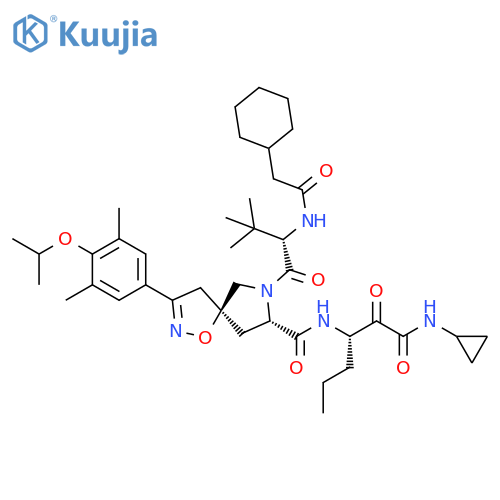 1-Oxa-2,7-diazaspiro[4.4]non-2-ene-8-carboxamide,7-[(2S)-2-[(2-cyclohexylacetyl)amino]-3,3-dimethyl-1-oxobutyl]-N-[(1S)-1-[2-(cyclopropylamino)-2-oxoacetyl]butyl]-3-[3,5-dimethyl-4-(1-methylethoxy)phenyl]-, (5S,8S)- structure