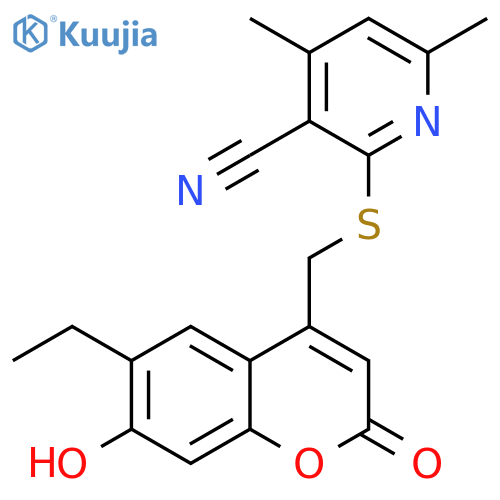 2-{(6-ethyl-7-hydroxy-2-oxo-2H-chromen-4-yl)methylsulfanyl}-4,6-dimethylpyridine-3-carbonitrile structure
