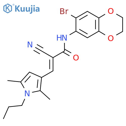 N-(7-bromo-2,3-dihydro-1,4-benzodioxin-6-yl)-2-cyano-3-(2,5-dimethyl-1-propyl-1H-pyrrol-3-yl)prop-2-enamide structure