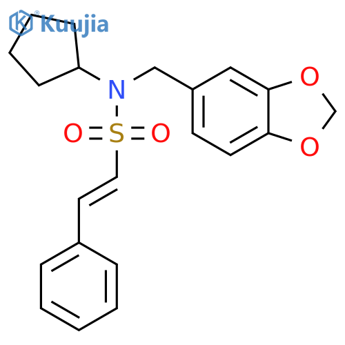 N-[(1,3-dioxaindan-5-yl)methyl]-N-cyclopentyl-2-phenylethene-1-sulfonamide structure