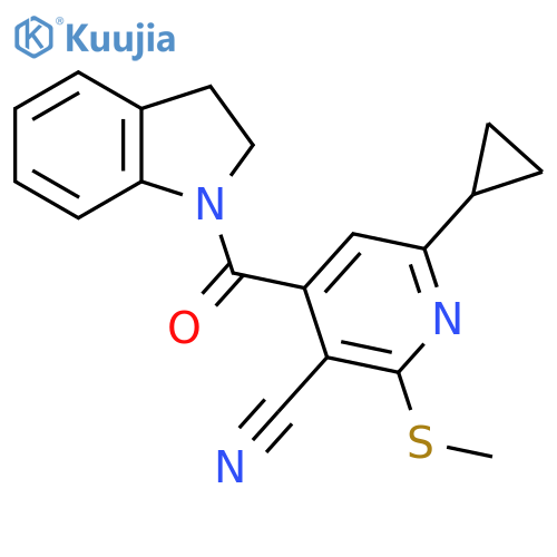 6-cyclopropyl-4-(2,3-dihydro-1H-indole-1-carbonyl)-2-(methylsulfanyl)pyridine-3-carbonitrile structure
