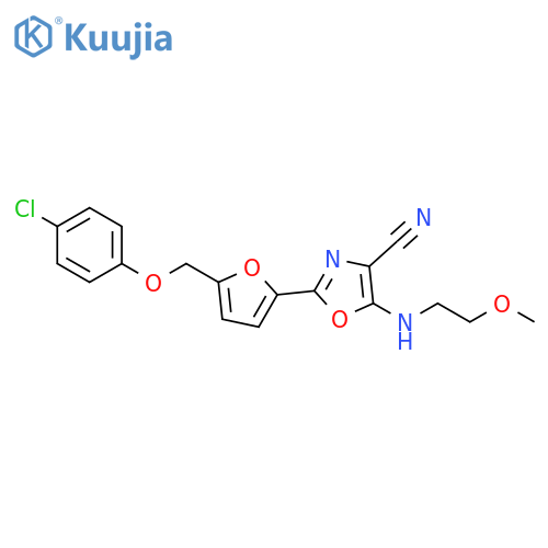 2-{5-(4-chlorophenoxy)methylfuran-2-yl}-5-(2-methoxyethyl)amino-1,3-oxazole-4-carbonitrile structure
