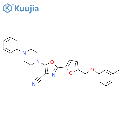 2-{5-(3-methylphenoxy)methylfuran-2-yl}-5-(4-phenylpiperazin-1-yl)-1,3-oxazole-4-carbonitrile structure