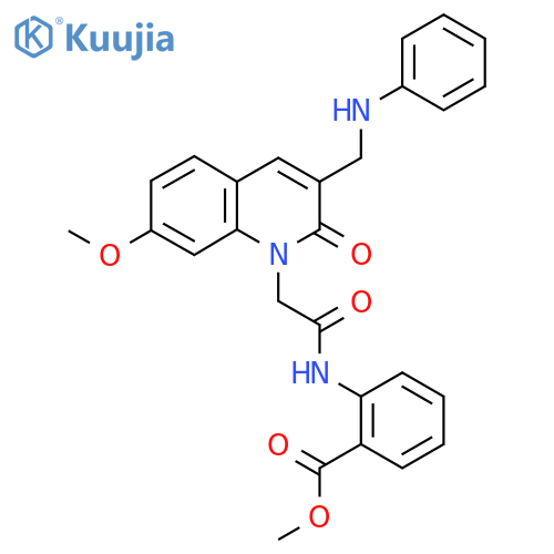 methyl 2-(2-{7-methoxy-2-oxo-3-(phenylamino)methyl-1,2-dihydroquinolin-1-yl}acetamido)benzoate structure
