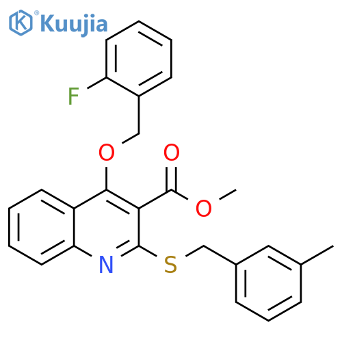 methyl 4-(2-fluorophenyl)methoxy-2-{(3-methylphenyl)methylsulfanyl}quinoline-3-carboxylate structure