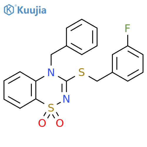 4-benzyl-3-{(3-fluorophenyl)methylsulfanyl}-4H-1lambda6,2,4-benzothiadiazine-1,1-dione structure