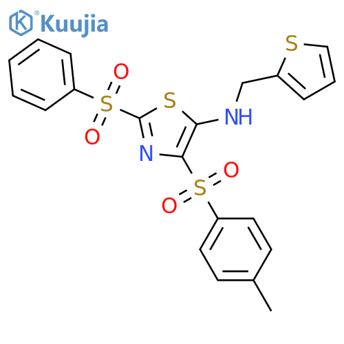 2-(benzenesulfonyl)-4-(4-methylbenzenesulfonyl)-N-(thiophen-2-yl)methyl-1,3-thiazol-5-amine structure