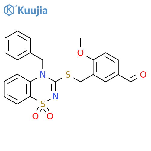3-{(4-benzyl-1,1-dioxo-4H-1lambda6,2,4-benzothiadiazin-3-yl)sulfanylmethyl}-4-methoxybenzaldehyde structure