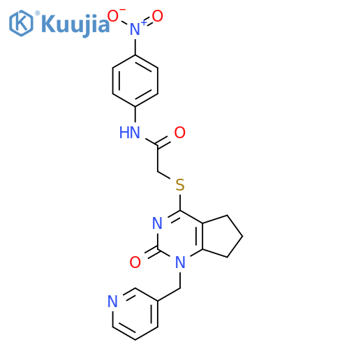 N-(4-nitrophenyl)-2-({2-oxo-1-(pyridin-3-yl)methyl-1H,2H,5H,6H,7H-cyclopentadpyrimidin-4-yl}sulfanyl)acetamide structure