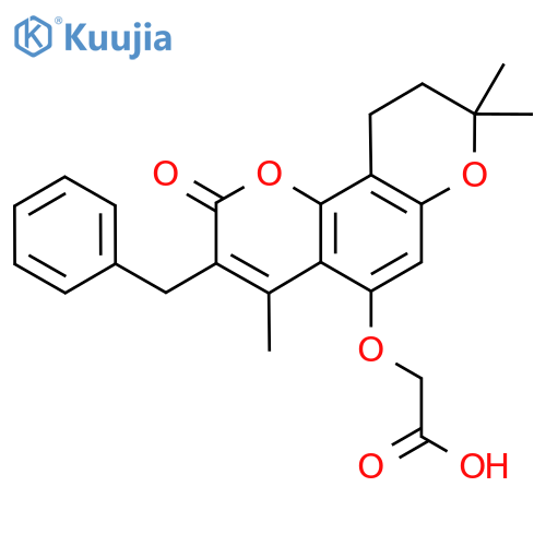 (3-Benzyl-4,8,8-trimethyl-2-oxo-9,10-dihydro-2H,8H-pyrano2,3-fchromen-5-yl)oxyacetic acid structure