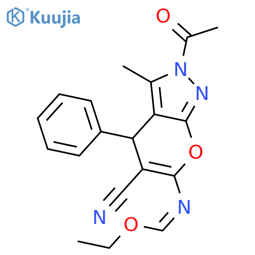 <br>ethyl (2-acetyl-5-cyano-3-methyl-4-phenyl-2,4-dihydropyrano[2,3-c]pyrazol-6 -yl)imidoformate structure