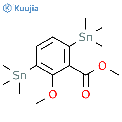 Benzoic acid, 2-methoxy-3,6-bis(trimethylstannyl)-, methyl ester structure