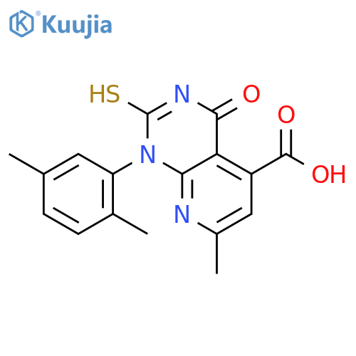 1-(2,5-dimethylphenyl)-7-methyl-4-oxo-2-sulfanyl-1H,4H-pyrido2,3-dpyrimidine-5-carboxylic acid structure