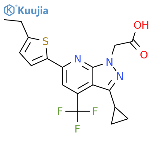 2-3-cyclopropyl-6-(5-ethylthiophen-2-yl)-4-(trifluoromethyl)-1H-pyrazolo3,4-bpyridin-1-ylacetic acid structure