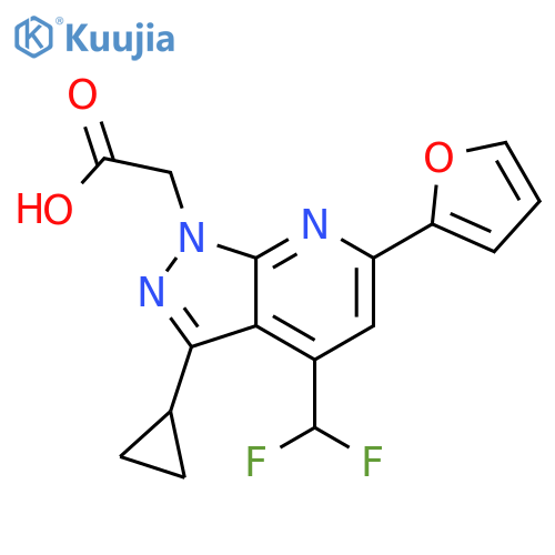 <br>(3-Cyclopropyl-4-difluoromethyl-6-furan-2-yl-pyrazolo[3,4-b]pyridin-1-yl)-a cetic acid structure