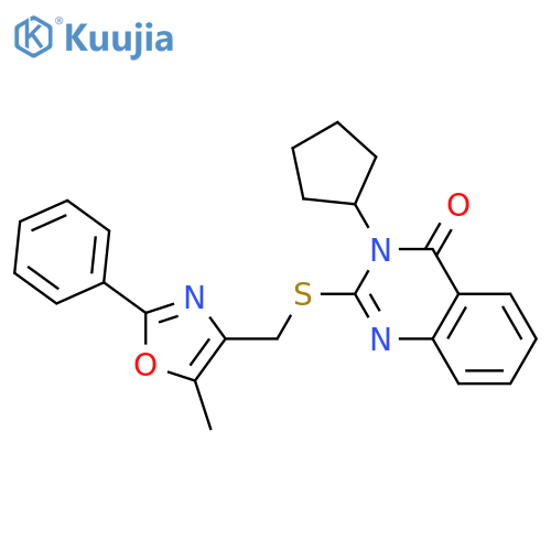 3-cyclopentyl-2-{(5-methyl-2-phenyl-1,3-oxazol-4-yl)methylsulfanyl}-3,4-dihydroquinazolin-4-one structure