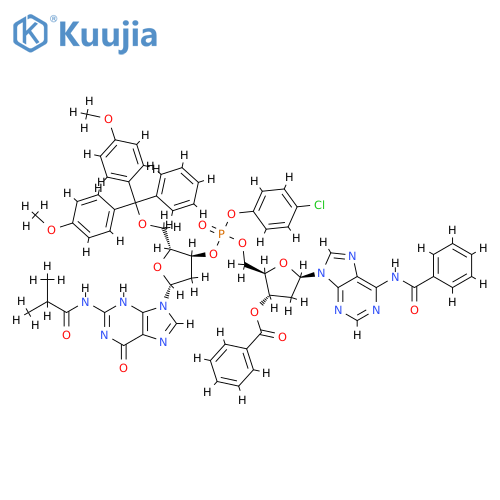 N-benzoyl-3'-O-benzoyl-P-(4-chlorophenyl)-2'-deoxyadenylyl-(5'&#x2192;3')-5'-O-[bis(4-methoxyphenyl)phenylmethyl]-2'-deoxy-N-(2-methyl-1-oxopropyl)guanosine structure