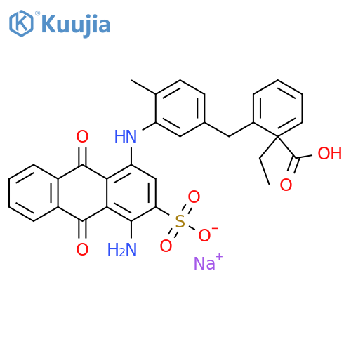 Benzoic acid,2-[[3-[(4-amino-9,10-dihydro-9,10-dioxo-3-sulfo-1-anthracenyl)amino]-4-methylphenyl]methyl]-,1-ethyl ester, sodium salt (1:1) structure