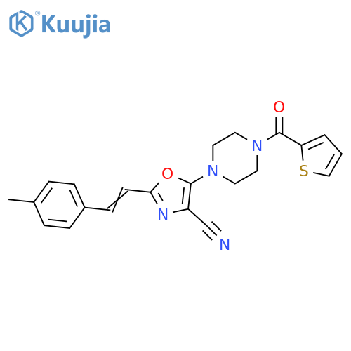 2-(E)-2-(4-methylphenyl)ethenyl-5-4-(thiophene-2-carbonyl)piperazin-1-yl-1,3-oxazole-4-carbonitrile structure