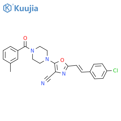 2-(E)-2-(4-chlorophenyl)ethenyl-5-4-(3-methylbenzoyl)piperazin-1-yl-1,3-oxazole-4-carbonitrile structure