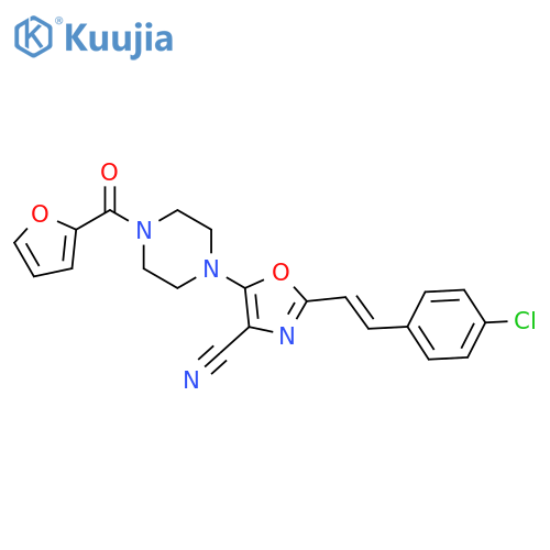 2-(E)-2-(4-chlorophenyl)ethenyl-5-4-(furan-2-carbonyl)piperazin-1-yl-1,3-oxazole-4-carbonitrile structure