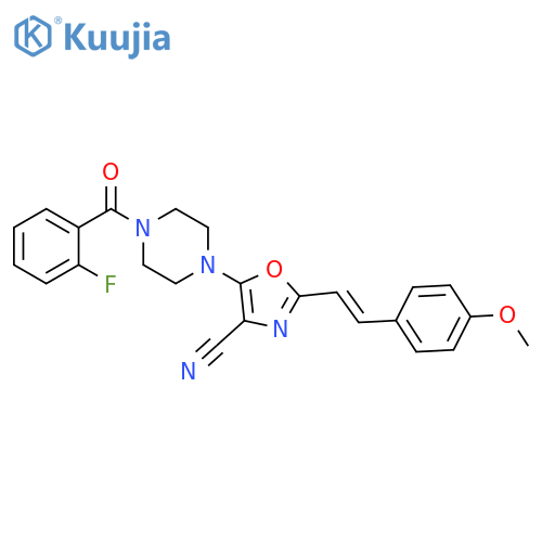 5-4-(2-fluorobenzoyl)piperazin-1-yl-2-(E)-2-(4-methoxyphenyl)ethenyl-1,3-oxazole-4-carbonitrile structure