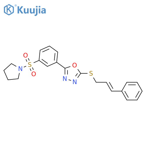 2-{(2E)-3-phenylprop-2-en-1-ylsulfanyl}-5-3-(pyrrolidine-1-sulfonyl)phenyl-1,3,4-oxadiazole structure