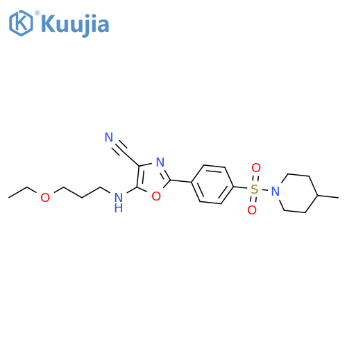 5-(3-ethoxypropyl)amino-2-{4-(4-methylpiperidin-1-yl)sulfonylphenyl}-1,3-oxazole-4-carbonitrile structure