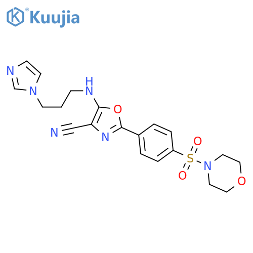 5-{3-(1H-imidazol-1-yl)propylamino}-2-4-(morpholine-4-sulfonyl)phenyl-1,3-oxazole-4-carbonitrile structure