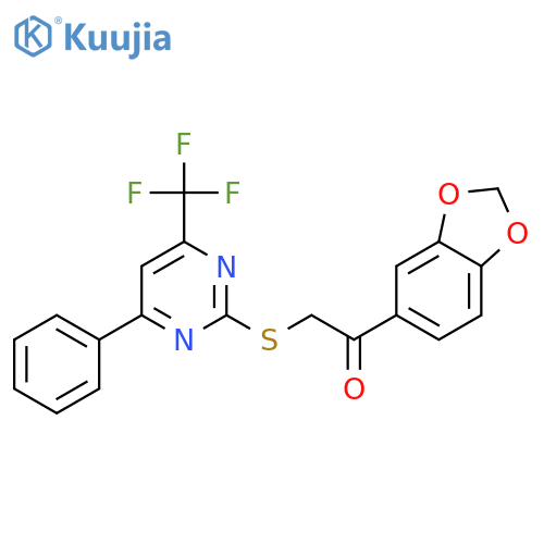 1-(2H-1,3-benzodioxol-5-yl)-2-{4-phenyl-6-(trifluoromethyl)pyrimidin-2-ylsulfanyl}ethan-1-one structure